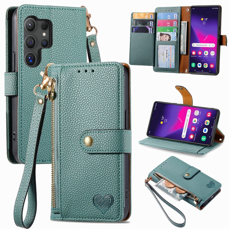 For Samsung Galaxy S25 Ultra 5G Love Zipper Lanyard Leather Phone Case(Green) by buy2fix