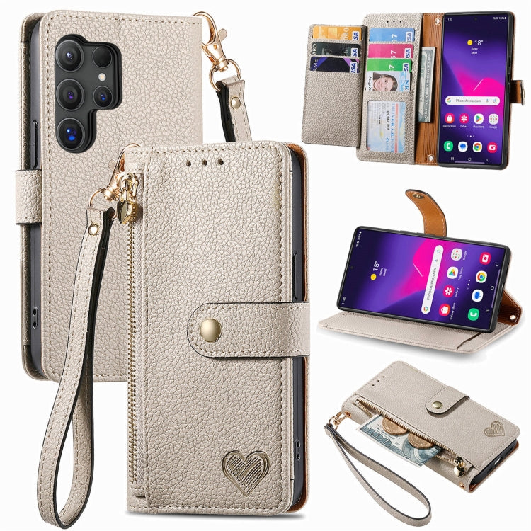 For Samsung Galaxy S25 Ultra 5G Love Zipper Lanyard Leather Phone Case(Gray) by buy2fix
