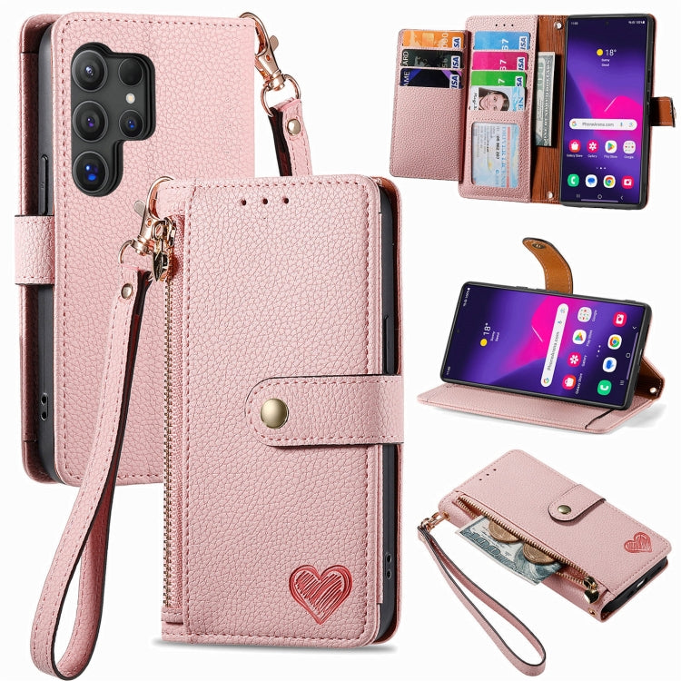 For Samsung Galaxy S25 Ultra 5G Love Zipper Lanyard Leather Phone Case(Pink) by buy2fix