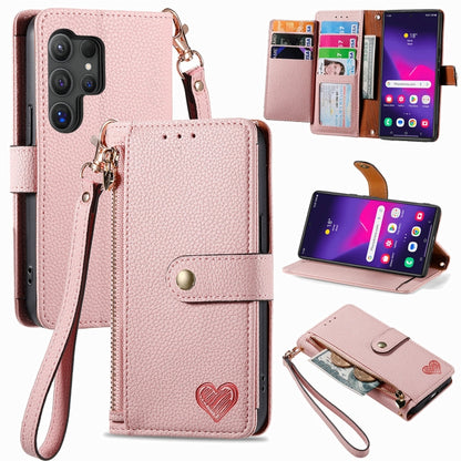 For Samsung Galaxy S25 Ultra 5G Love Zipper Lanyard Leather Phone Case(Pink) by buy2fix