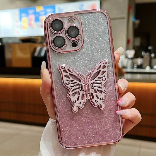 For iPhone 16 Pro Electroplated Gradient Glitter 3D Butterfly TPU Phone Case(Gradient Pink) by buy2fix