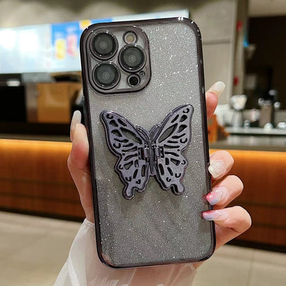 For iPhone 16 Pro Electroplated Gradient Glitter 3D Butterfly TPU Phone Case(Gradient Black) by buy2fix