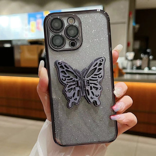 For iPhone 16 Pro Electroplated Gradient Glitter 3D Butterfly TPU Phone Case(Gradient Black) by buy2fix