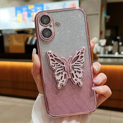 For iPhone 16 Plus Electroplated Gradient Glitter 3D Butterfly TPU Phone Case(Gradient Pink) by buy2fix