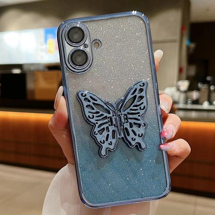 For iPhone 16 Plus Electroplated Gradient Glitter 3D Butterfly TPU Phone Case(Gradient Blue) by buy2fix