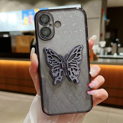 For iPhone 16 Plus Electroplated Gradient Glitter 3D Butterfly TPU Phone Case(Gradient Black) by buy2fix