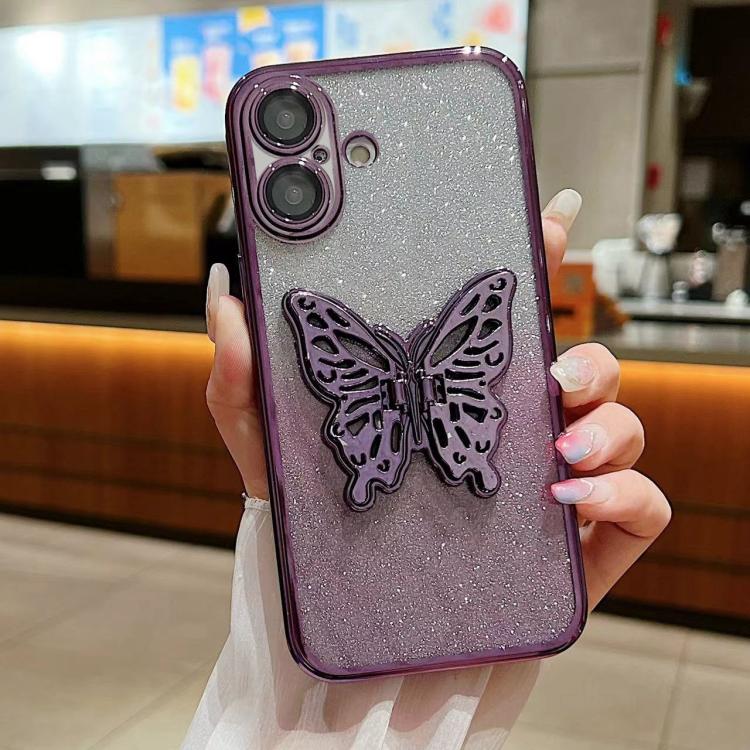 For iPhone 16 Plus Electroplated Gradient Glitter 3D Butterfly TPU Phone Case(Gradient Purple) by buy2fix