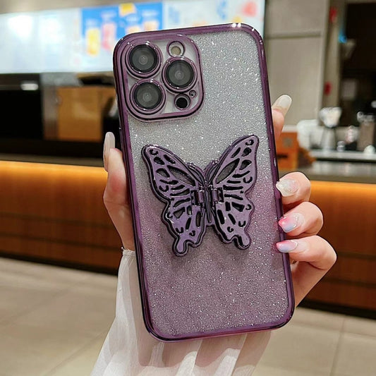 For iPhone 16 Pro Max Electroplated Gradient Glitter 3D Butterfly TPU Phone Case(Gradient Purple) by buy2fix