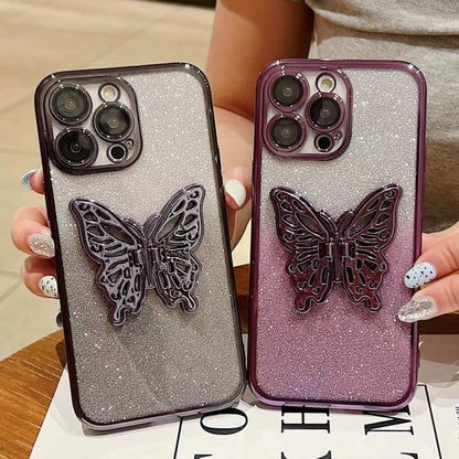For iPhone 16 Pro Max Electroplated Gradient Glitter 3D Butterfly TPU Phone Case(Gradient Silver) by buy2fix