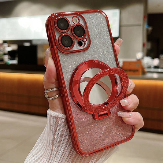 For iPhone 15 Pro Plated Mirror Holder Gradient Glitter MagSafe Phone Case(Red) - iPhone 15 Pro Cases by buy2fix | Online Shopping UK | buy2fix