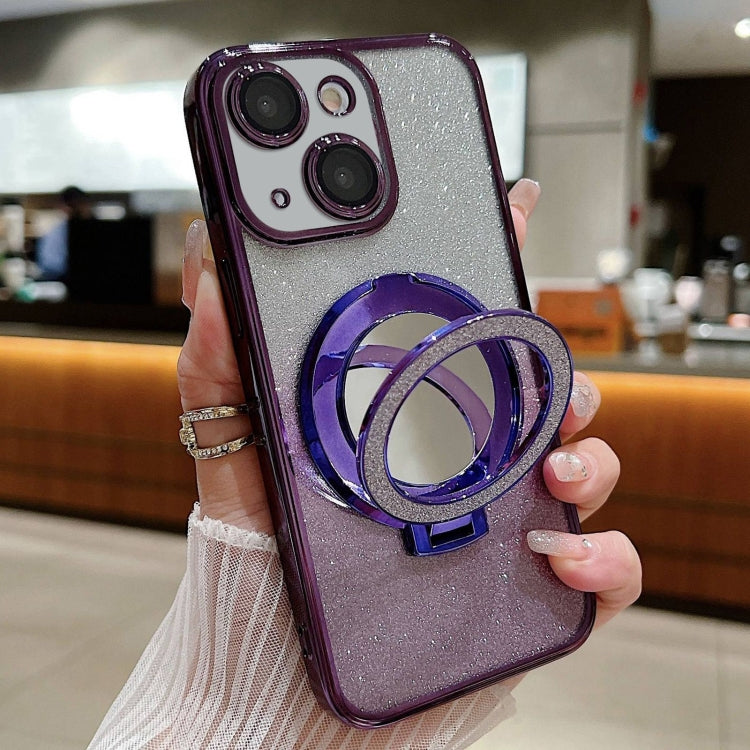 For iPhone 15 Plated Mirror Holder Gradient Glitter MagSafe Phone Case(Purple) - iPhone 15 Cases by buy2fix | Online Shopping UK | buy2fix