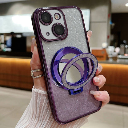 For iPhone 15 Plated Mirror Holder Gradient Glitter MagSafe Phone Case(Purple) - iPhone 15 Cases by buy2fix | Online Shopping UK | buy2fix
