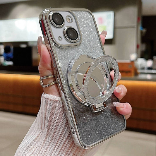 For iPhone 14 Plus Plated Mirror Holder Gradient Glitter MagSafe Phone Case(Gray) - iPhone 14 Plus Cases by buy2fix | Online Shopping UK | buy2fix