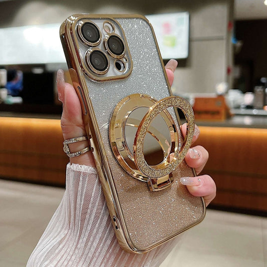 For iPhone 14 Pro Max Plated Mirror Holder Gradient Glitter MagSafe Phone Case(Gold) - iPhone 14 Pro Max Cases by buy2fix | Online Shopping UK | buy2fix