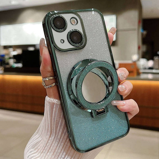 For iPhone 13 Plated Mirror Holder Gradient Glitter MagSafe Phone Case(Green) - iPhone 13 Cases by buy2fix | Online Shopping UK | buy2fix