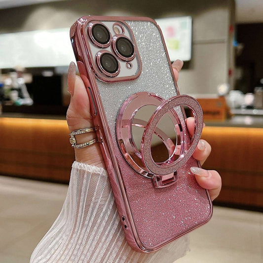 For iPhone 11 Pro Plated Mirror Holder Gradient Glitter MagSafe Phone Case(Pink) - iPhone 11 Pro Cases by buy2fix | Online Shopping UK | buy2fix