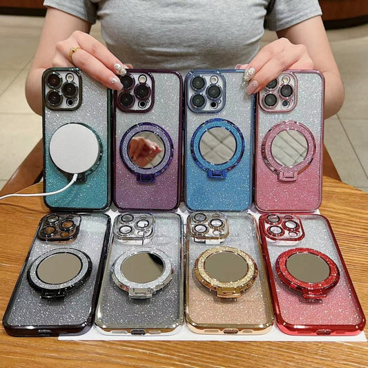 For iPhone 7 / 8 / SE 2022 Plated Mirror Holder Gradient Glitter MagSafe Phone Case(Gold) - iPhone SE 2022 / 2020 / 8 / 7 Cases by buy2fix | Online Shopping UK | buy2fix
