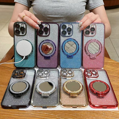 For iPhone 15 Plated Mirror Holder Gradient Glitter MagSafe Phone Case(Purple) - iPhone 15 Cases by buy2fix | Online Shopping UK | buy2fix