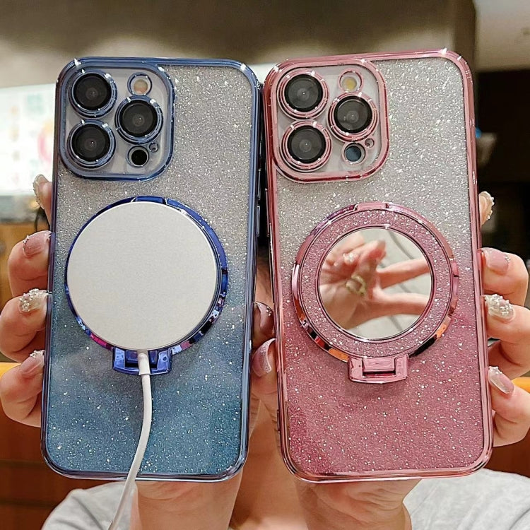 For iPhone 15 Plated Mirror Holder Gradient Glitter MagSafe Phone Case(Purple) - iPhone 15 Cases by buy2fix | Online Shopping UK | buy2fix