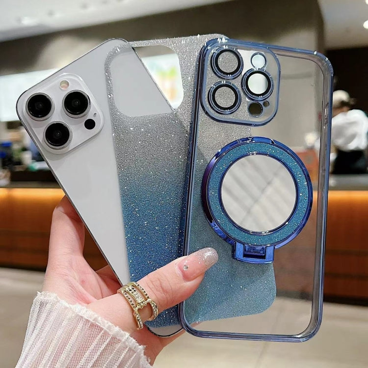 For iPhone 15 Plated Mirror Holder Gradient Glitter MagSafe Phone Case(Purple) - iPhone 15 Cases by buy2fix | Online Shopping UK | buy2fix