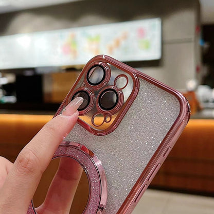 For iPhone 15 Plated Mirror Holder Gradient Glitter MagSafe Phone Case(Purple) - iPhone 15 Cases by buy2fix | Online Shopping UK | buy2fix