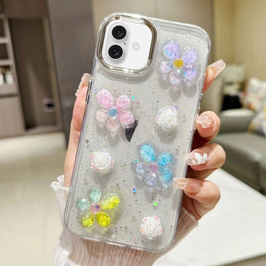 For iPhone 16 3D Flower Glitter Epoxy TPU Phone Case(Colorful Flowers) - iPhone 16 Cases by buy2fix | Online Shopping UK | buy2fix