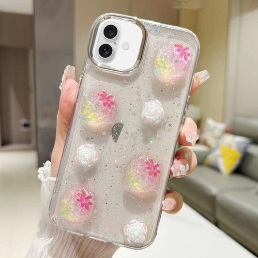 For iPhone 16 3D Flower Glitter Epoxy TPU Phone Case(Pink Strawberry) - iPhone 16 Cases by buy2fix | Online Shopping UK | buy2fix