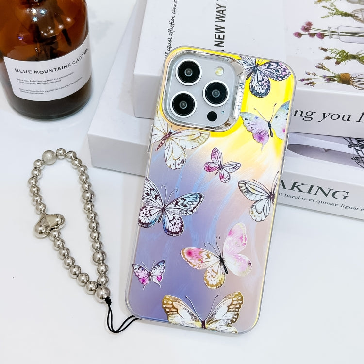 For iPhone 16 Pro Max Electroplating Laser Butterfly Phone Case with Wrist Strap(Pink Butterflies AB2) by buy2fix