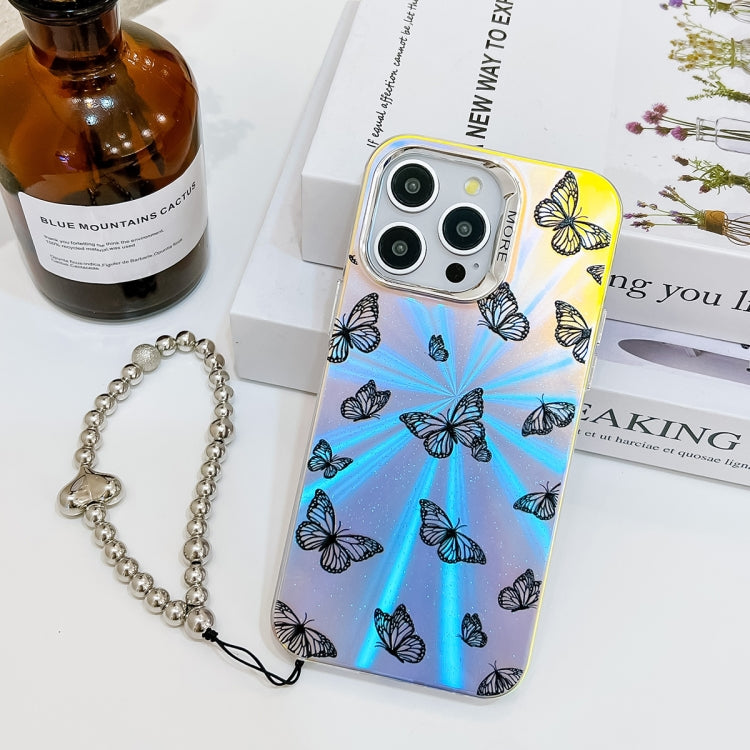 For iPhone 16 Pro Max Electroplating Laser Butterfly Phone Case with Wrist Strap(Black Butterflies AB5) by buy2fix