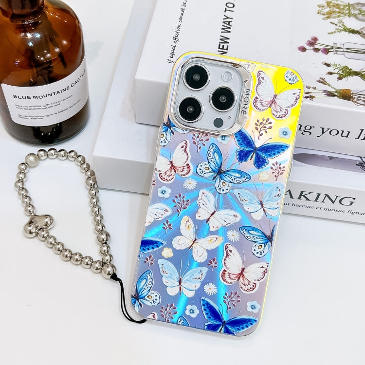 For iPhone 16 Pro Electroplating Laser Butterfly Phone Case with Wrist Strap(Blue Butterflies AB4) by buy2fix