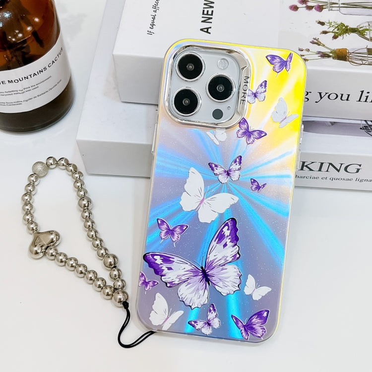 For iPhone 16 Pro Electroplating Laser Butterfly Phone Case with Wrist Strap(White Purple Butterflies AB6) by buy2fix