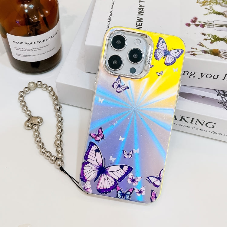 For iPhone 16 Pro Electroplating Laser Butterfly Phone Case with Wrist Strap(Purple Butterflies AB3) by buy2fix