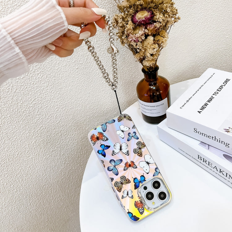 For iPhone 16 Pro Electroplating Laser Butterfly Phone Case with Wrist Strap(Color Butterflies AB1) by buy2fix