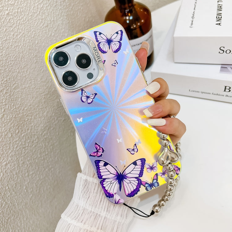 For iPhone 16 Pro Electroplating Laser Butterfly Phone Case with Wrist Strap(Purple Butterflies AB3) by buy2fix