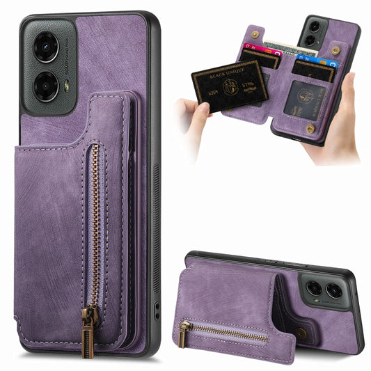 For Motorola Moto G 2024 Retro Leather Zipper Wallet Back Phone Case(Purple) by buy2fix