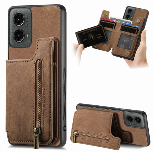 For Motorola Moto G 2024 Retro Leather Zipper Wallet Back Phone Case(Brown) by buy2fix