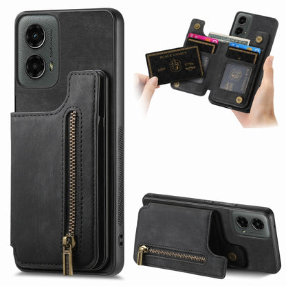 For Motorola Moto G 2024 Retro Leather Zipper Wallet Back Phone Case(Black) by buy2fix