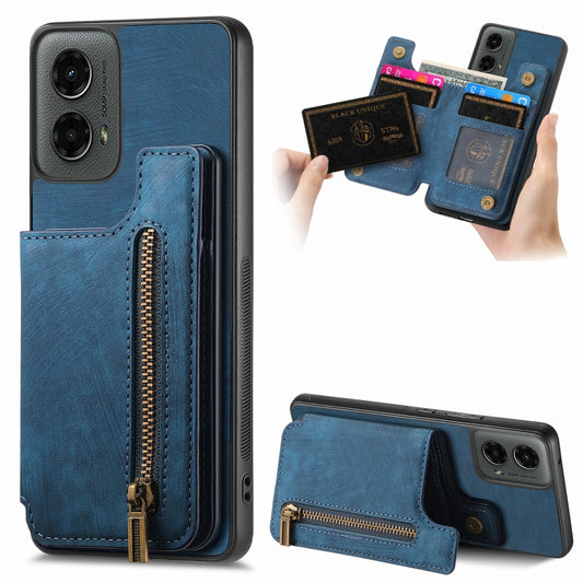 For Motorola Moto G 2024 Retro Leather Zipper Wallet Back Phone Case(Blue) by buy2fix
