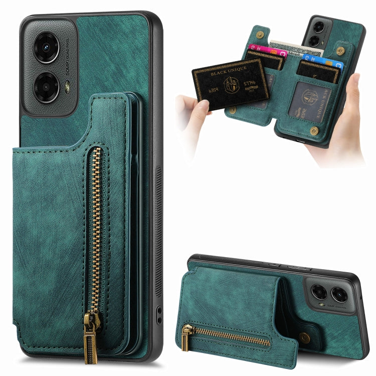 For Motorola Moto G 2024 Retro Leather Zipper Wallet Back Phone Case(Green) by buy2fix