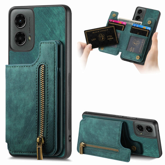 For Motorola Moto G 2024 Retro Leather Zipper Wallet Back Phone Case(Green) by buy2fix