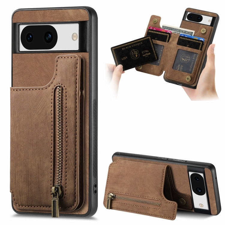 For Google Pixel 9 / 9 Pro Retro Leather Zipper Wallet Back Phone Case(Brown) by buy2fix
