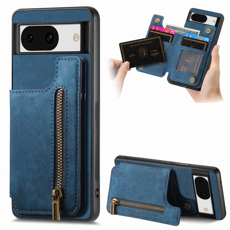 For Google Pixel 9 / 9 Pro Retro Leather Zipper Wallet Back Phone Case(Blue) by buy2fix