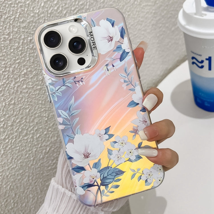 For iPhone 16 Pro Max Electroplating Laser Flower Texture TPU Phone Case(White Flower AH10) by buy2fix