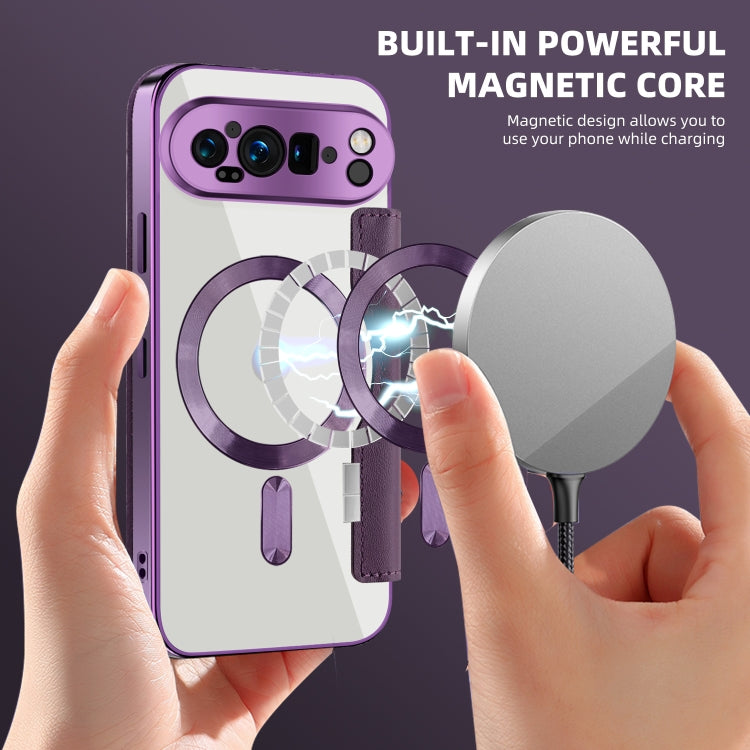 For Google Pixel 9 Pro Shield MagSafe RFID Anti-theft Leather Phone Case(Purple) by buy2fix