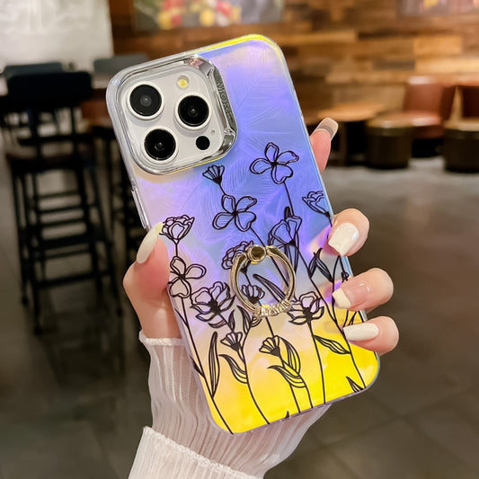 For iPhone 16 Pro Max Electroplating Laser Flower Ring Holder TPU Phone Case(Drawn Flowers AH3) by buy2fix