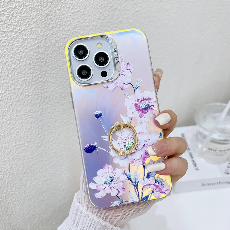 For iPhone 16 Pro Max Electroplating Laser Flower Ring Holder TPU Phone Case(Zinnia AH9) by buy2fix