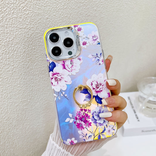 For iPhone 16 Pro Max Electroplating Laser Flower Ring Holder TPU Phone Case(Peony AH11) by buy2fix