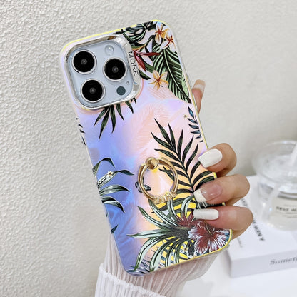 For iPhone 16 Pro Max Electroplating Laser Flower Ring Holder TPU Phone Case(Leaves AH12) by buy2fix