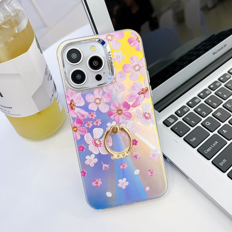 For iPhone 16 Pro Max Electroplating Laser Flower Ring Holder TPU Phone Case(Pink Flower AH13) by buy2fix