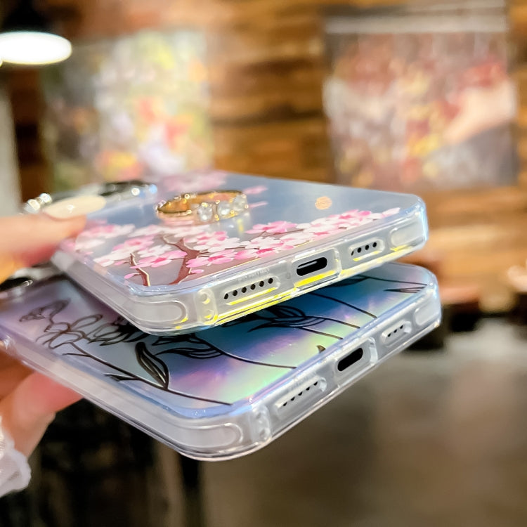 For iPhone 16 Pro Electroplating Laser Flower Ring Holder TPU Phone Case(White Flower AH10) by buy2fix